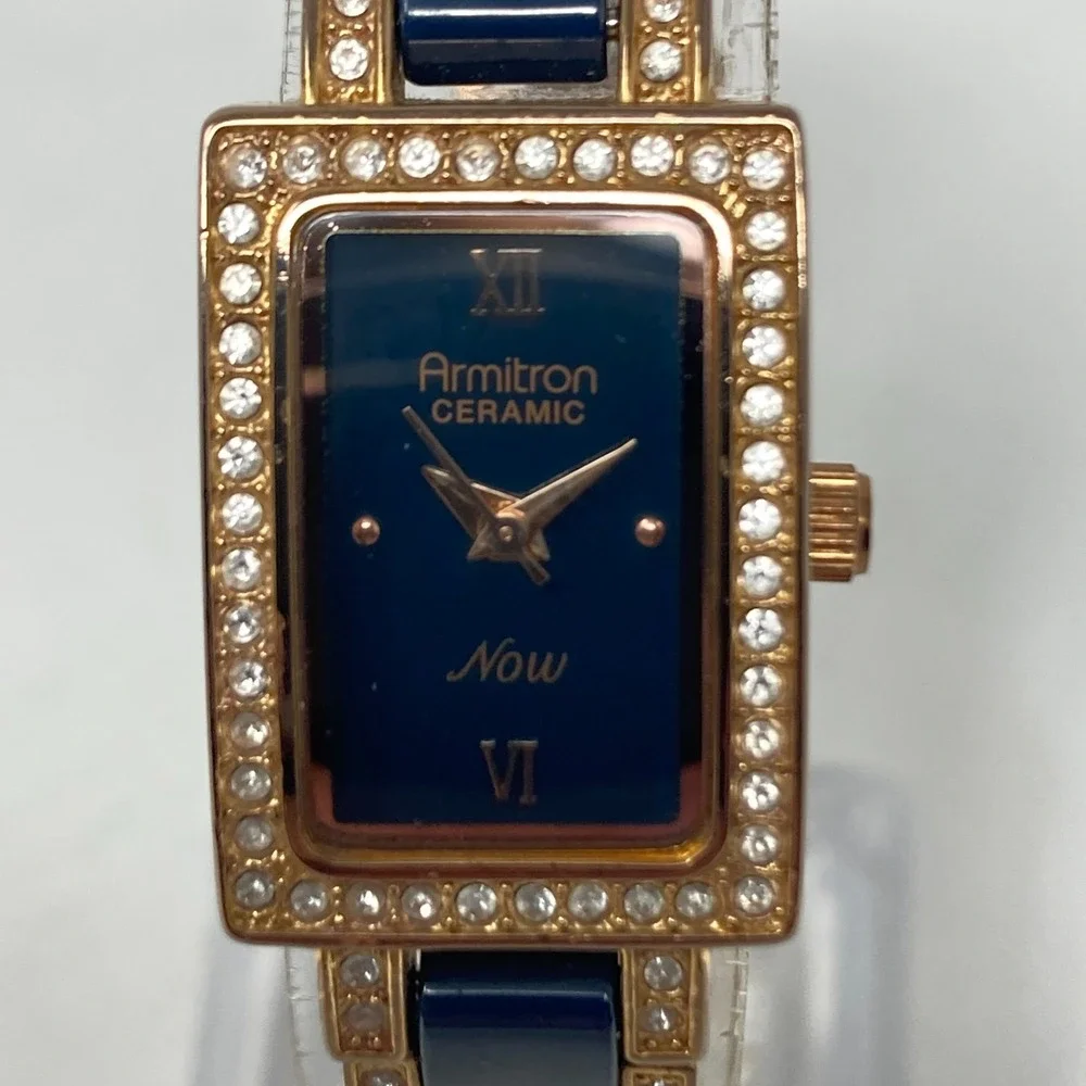Armitron Tank Watch Women 17mm Rose Gold Tone Navy Ceramic Bling New Batt 6.75